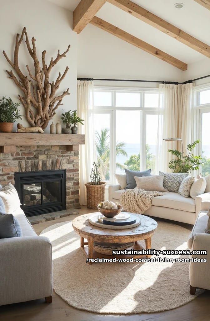 15 Reclaimed Wood Decor Ideas for a Breezy Coastal Living Room 5 rustic coastal mantel with driftwood sculpture and woven baskets 1