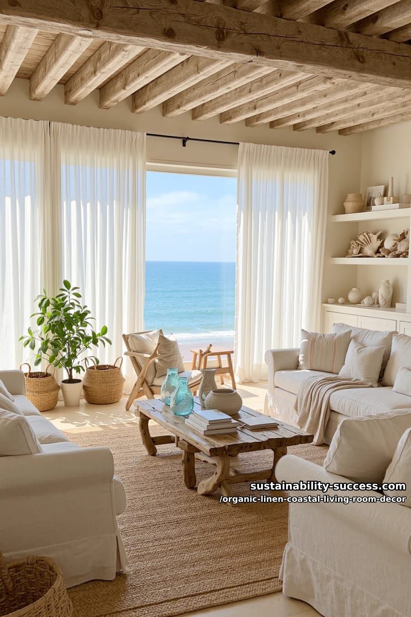 rustic wooden beams with airy linen drapes framing ocean-view windows 1