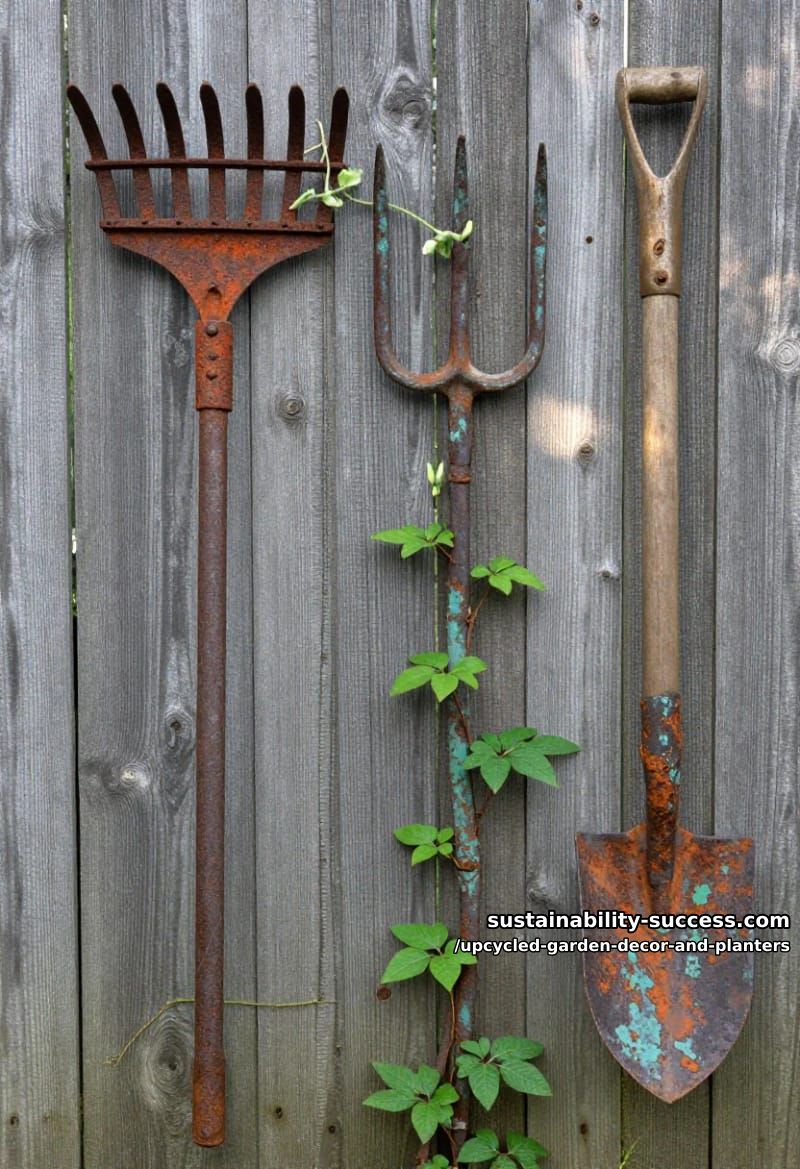 18 Upcycled Garden Decor and Planter Ideas, From Boot Planters to a Watering-Can Fountain 10 rusty rakes, forks, and shovels as fence art and trellises 1