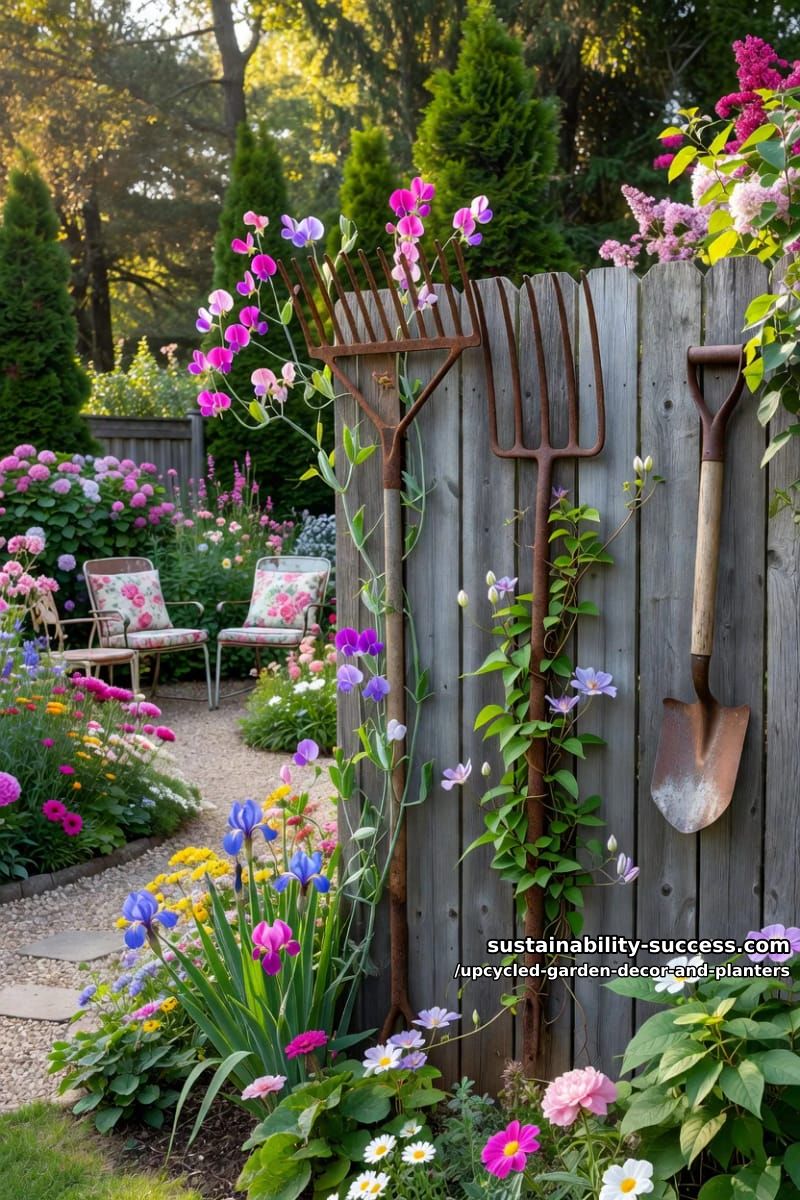 18 Upcycled Garden Decor and Planter Ideas, From Boot Planters to a Watering-Can Fountain 11 rusty rakes, forks, and shovels as fence art and trellises 1