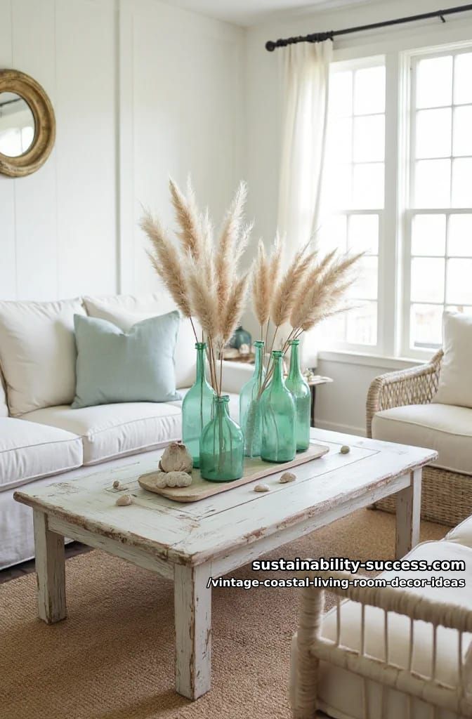 15 Vintage Coastal Living Room Decor Ideas You'll Love 11 seafoam green glass bottles lined up with dried pampas grass accents 1