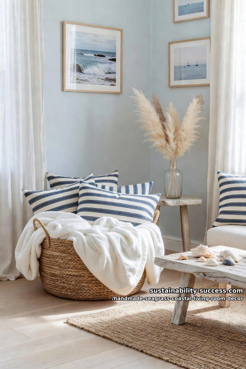seagrass basket filled with cotton throws and striped coastal pillows 1
