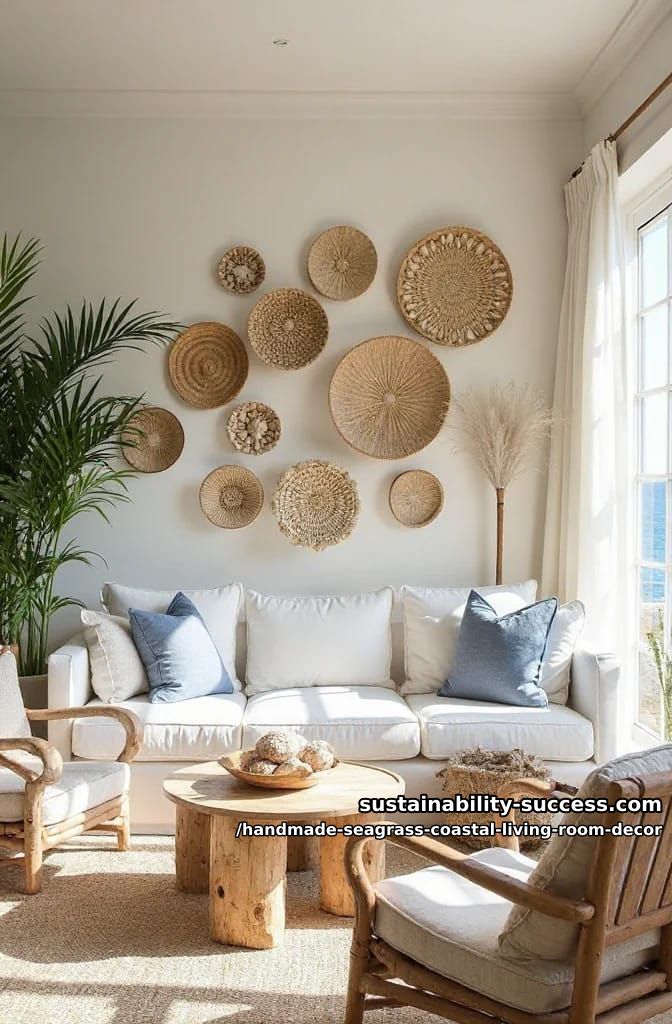 seagrass basket wall gallery with mixed-sized woven circles and shells 1