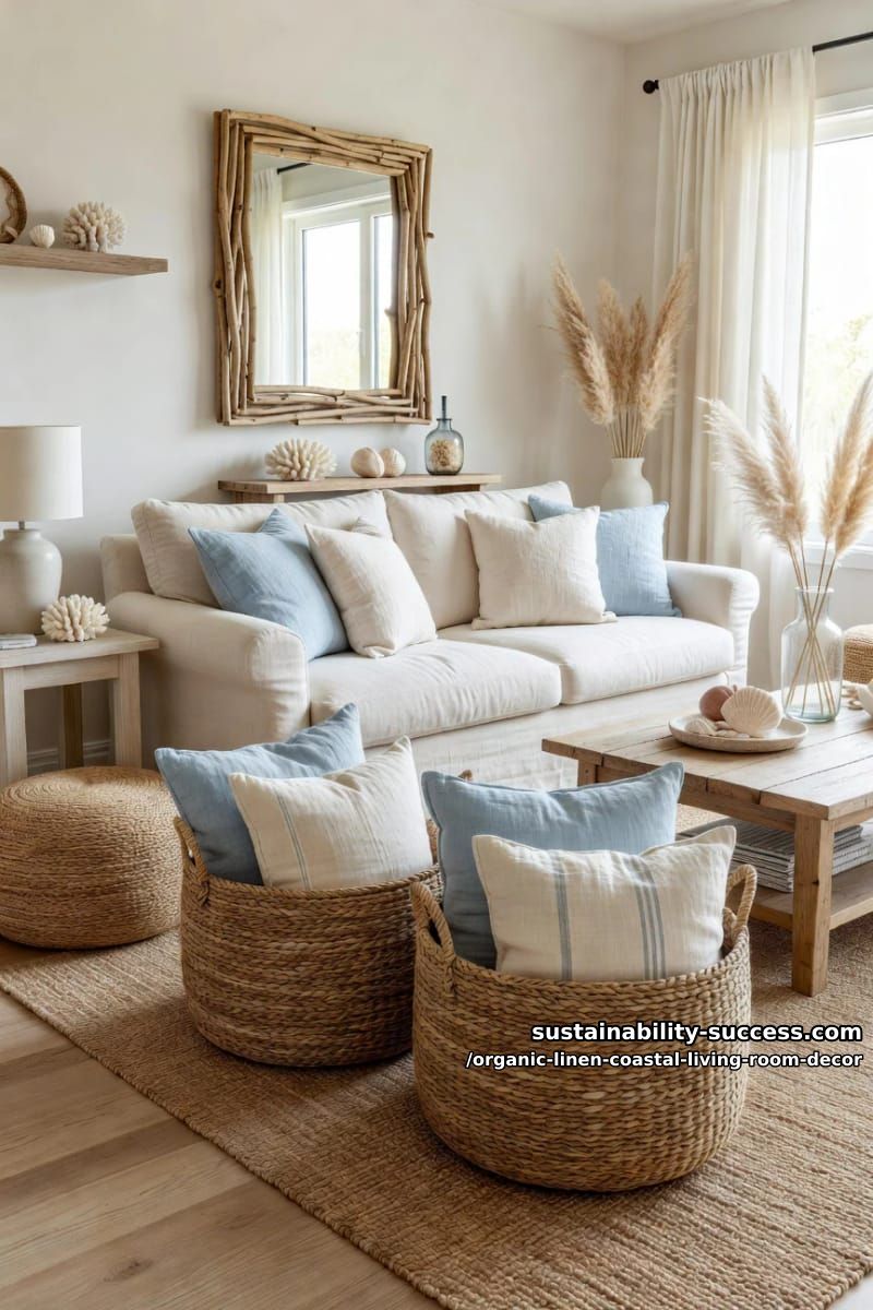 seagrass baskets filled with pale blue and ivory linen pillows 1