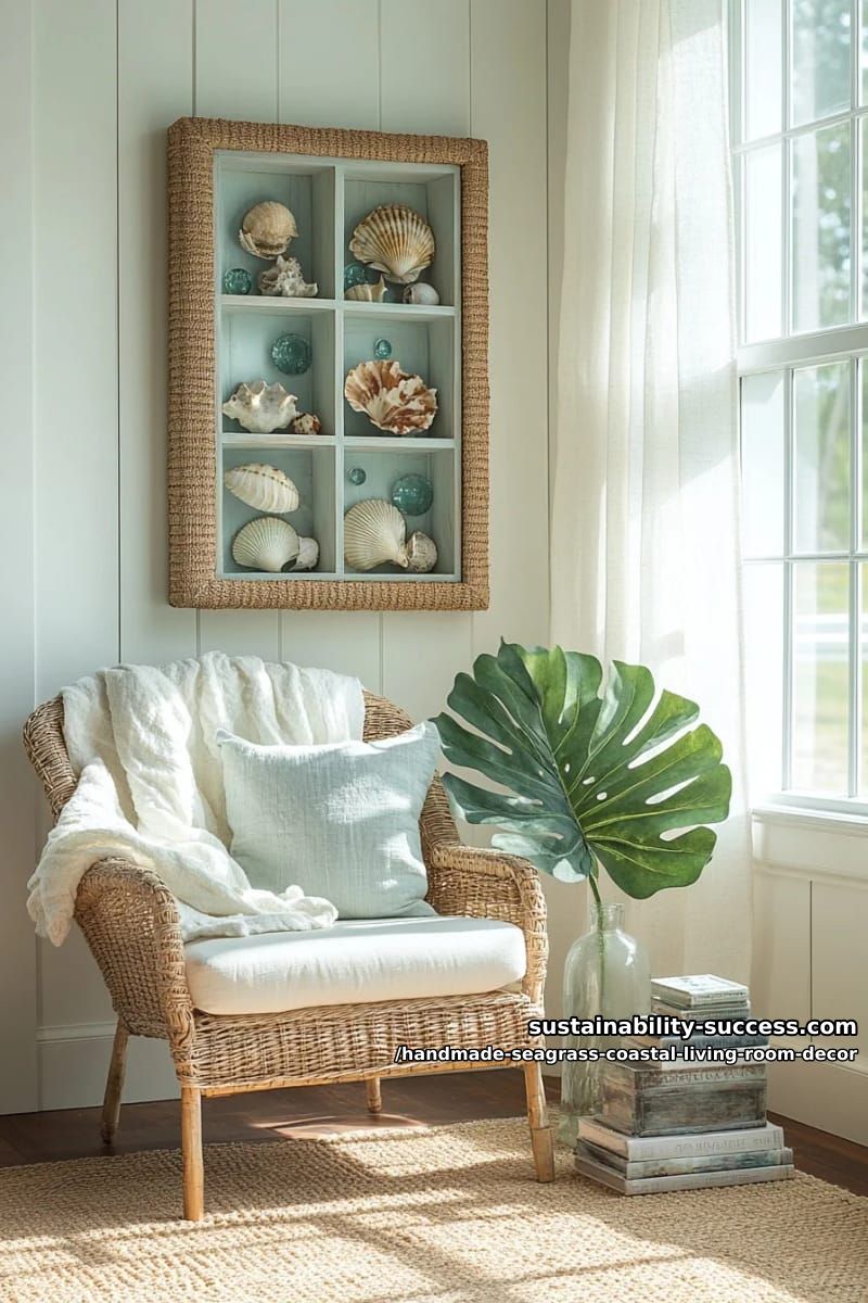 seagrass-framed shadow box featuring collected beach treasures 1