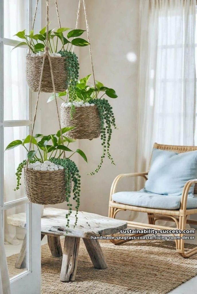 seagrass hanging planters holding trailing greenery and white pebbles 11