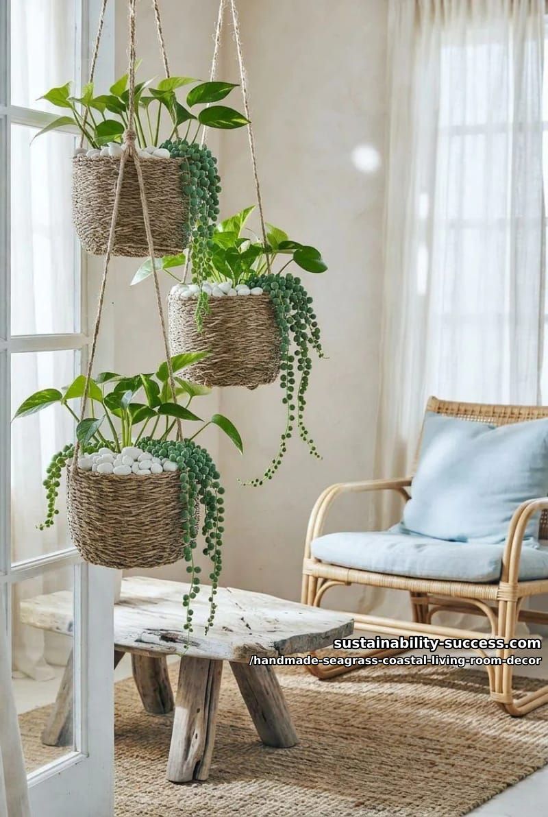 seagrass hanging planters holding trailing greenery and white pebbles 1