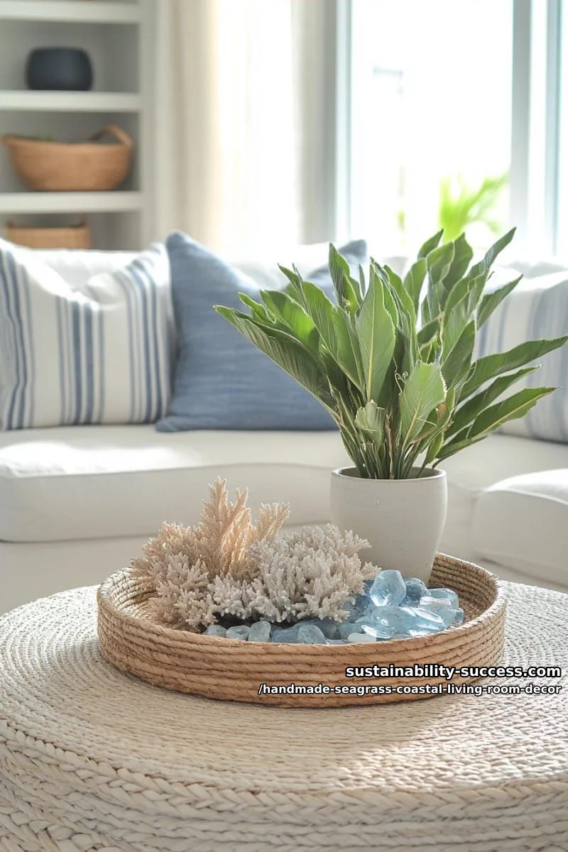 seagrass ottoman coffee table with a tray of coral and sea glass 1