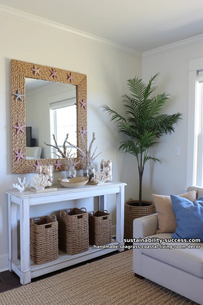 seagrass-wrapped mirror surrounded by rope and tiny starfish accents 1