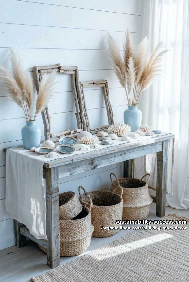 shell and coral arrangements atop a reclaimed wood console with linen runners 1