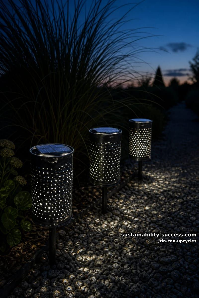 12 Tin Can Upcycles: Lanterns, Luminaries, and Wind Chimes 22 solar-charged tin can garden luminary 1