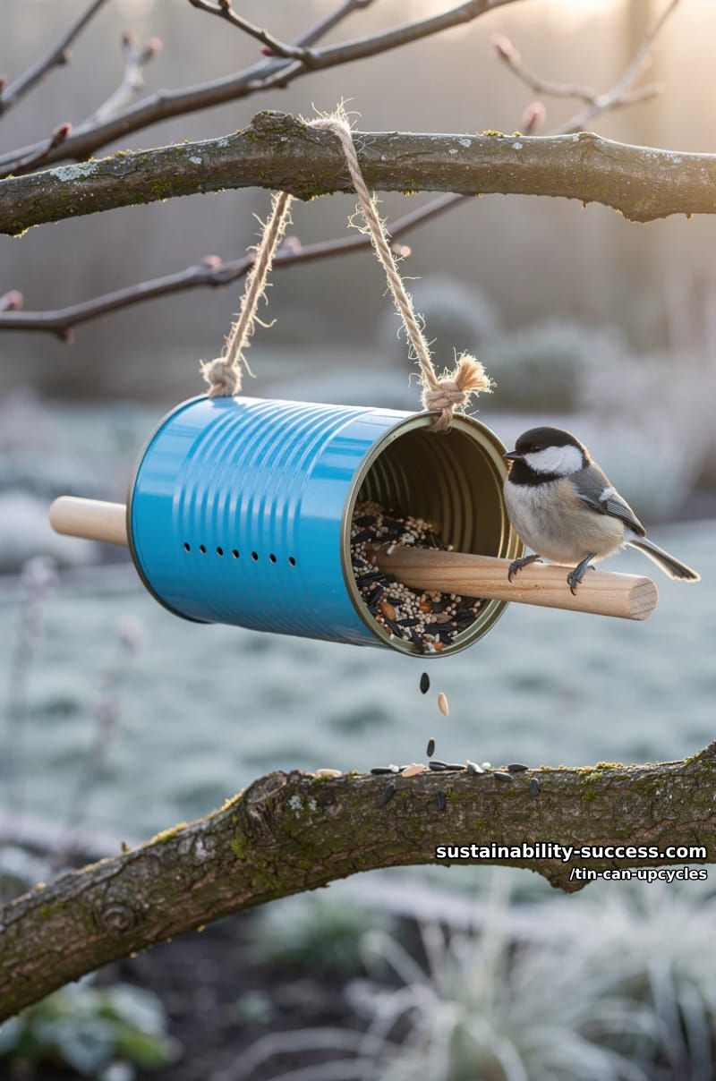 12 Tin Can Upcycles: Lanterns, Luminaries, and Wind Chimes 20 soup-can bird feeder on a dowel perch 1