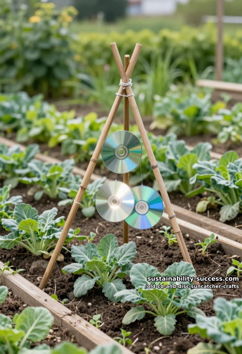 12 Disc Suncatcher Crafts From Old CDs You Were Going to Toss 6 spinning bird-scare discs for the vegetable bed 1