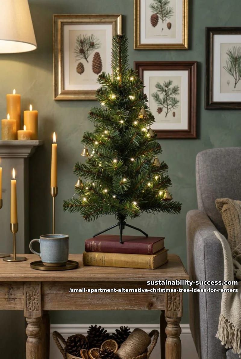 Alternative Christmas Tree Ideas for Renters Who Have No Floor Space to Spare 12 stack a tabletop tree on books to fake some height 10