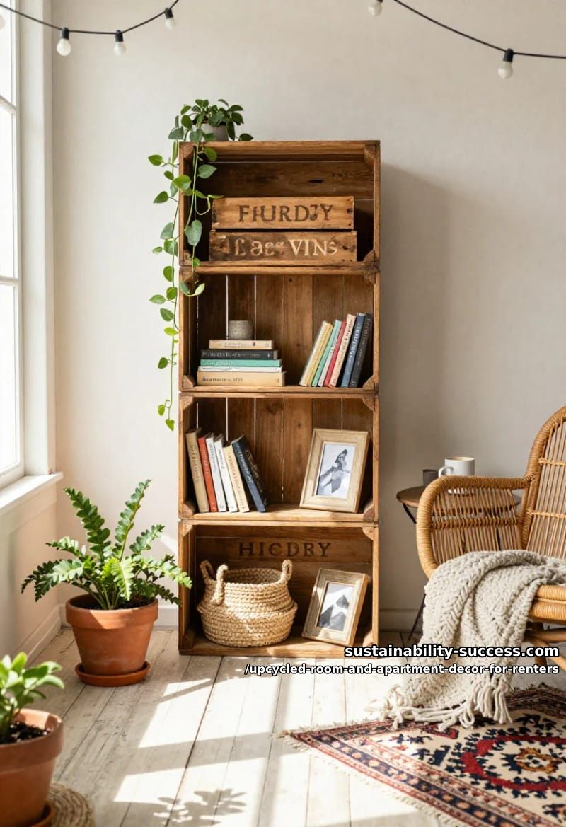 Upcycled Room and Apartment Decor for Renters 18 stack wooden crates into a freestanding bookshelf 1