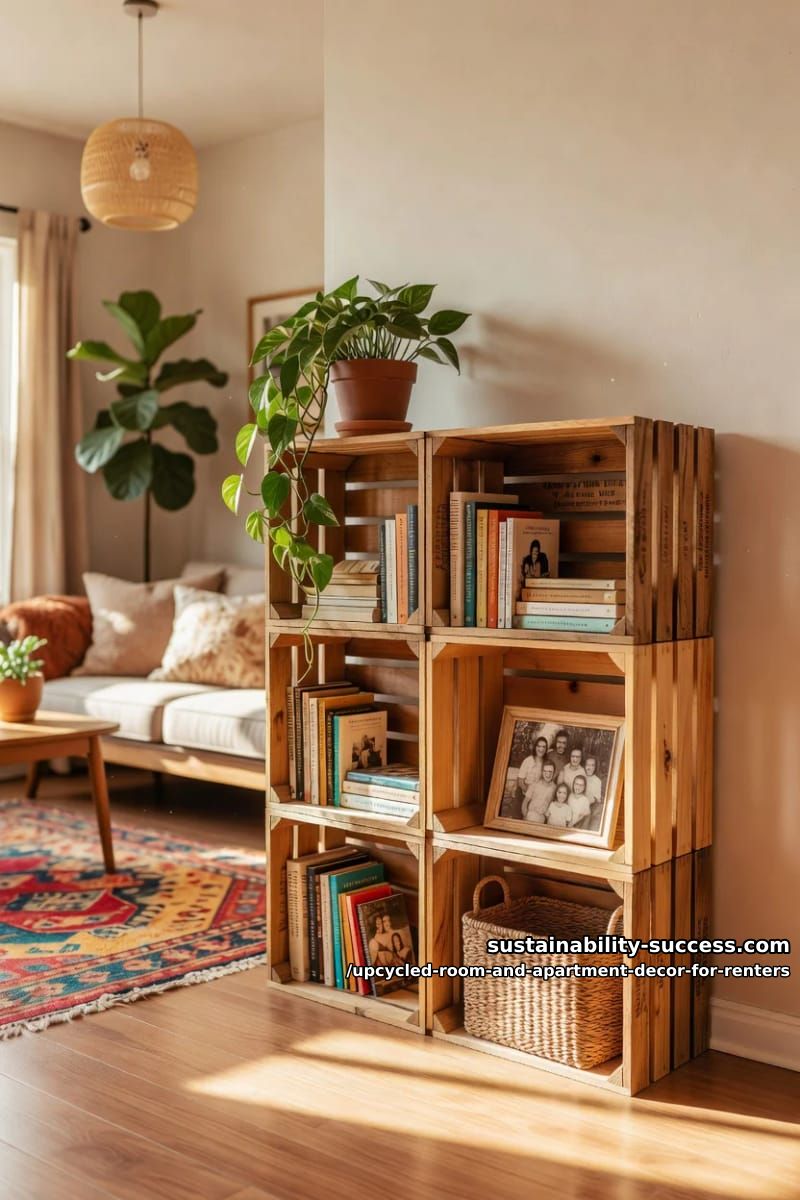 Upcycled Room and Apartment Decor for Renters 19 stack wooden crates into a freestanding bookshelf 1