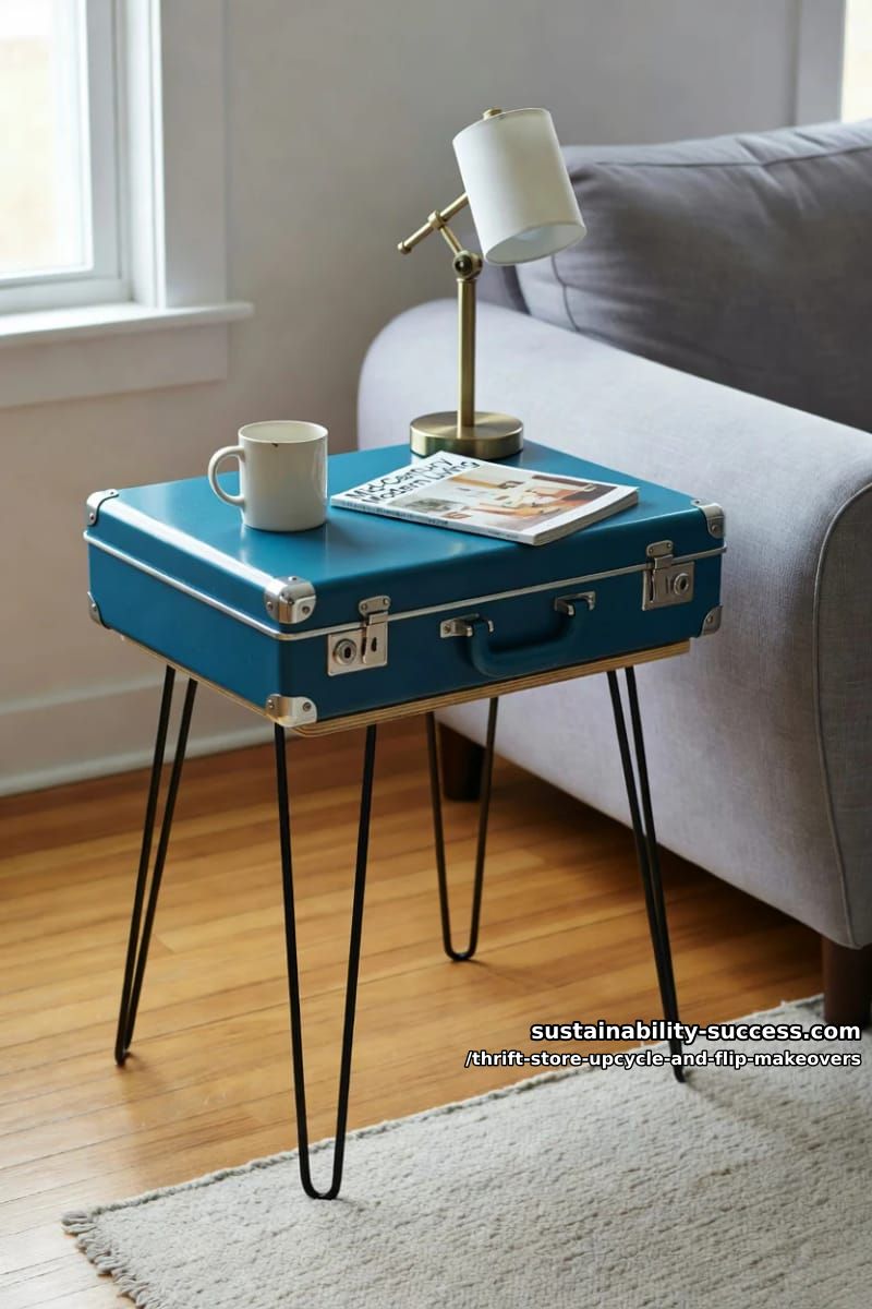 12 Thrift Store Upcycle and Flip Makeovers That Actually Hold Up 27 stand a hard-shell suitcase on hairpin legs for a side table 1