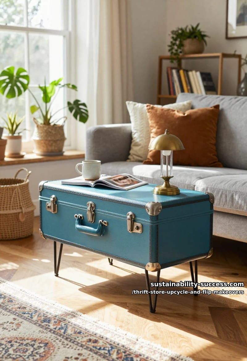 12 Thrift Store Upcycle and Flip Makeovers That Actually Hold Up 28 stand a hard-shell suitcase on hairpin legs for a side table 1