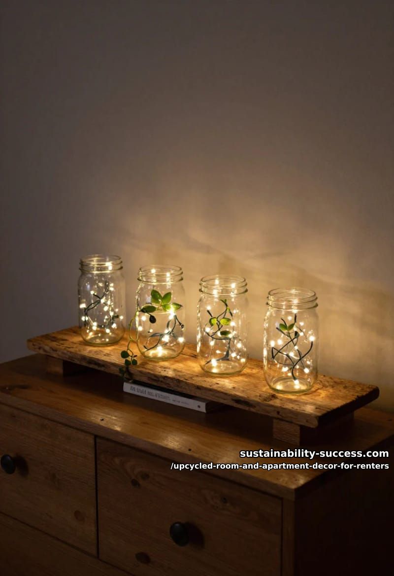 Upcycled Room and Apartment Decor for Renters 11 stand mason jars on a reclaimed plank for ledge lighting 1