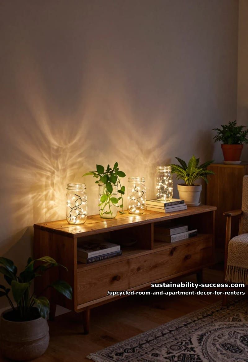 Upcycled Room and Apartment Decor for Renters 12 stand mason jars on a reclaimed plank for ledge lighting 1