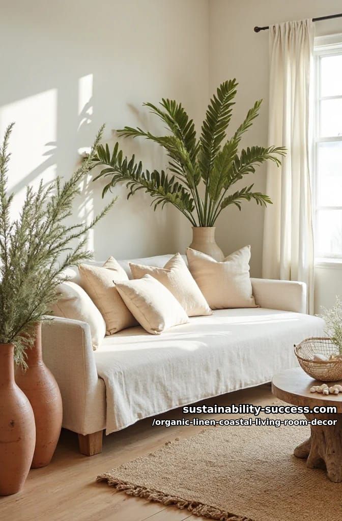 statement greenery in terracotta vases beside an oatmeal linen daybed 1