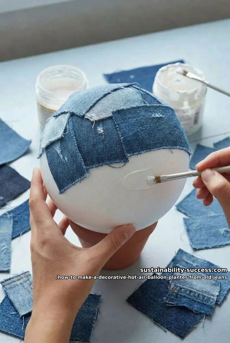 How to Make a Decorative Hot Air Balloon Planter from Old Jeans 4 step 1: cover the ball in denim patchwork 1