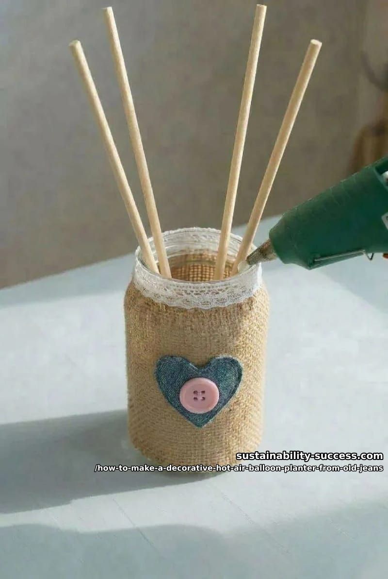 How to Make a Decorative Hot Air Balloon Planter from Old Jeans 8 step 3: set the four dowels into the basket 1
