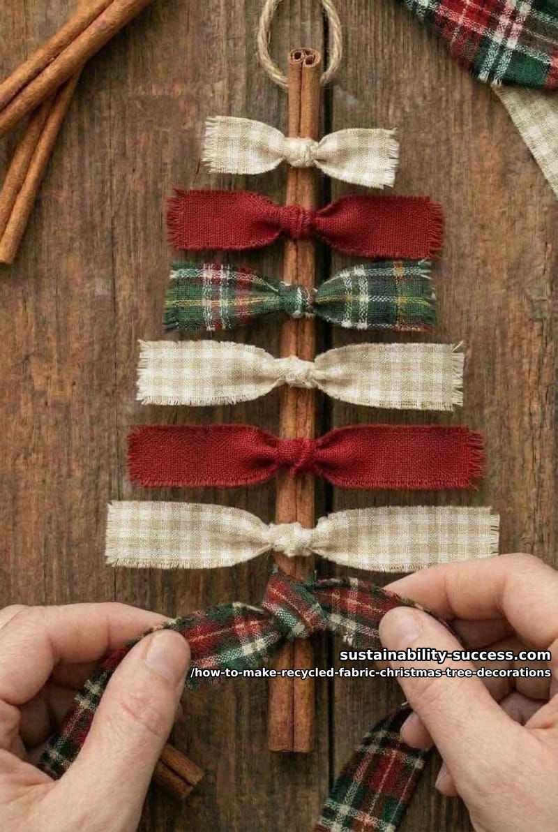 How to Make Recycled Fabric Christmas Tree Ornaments (No Sewing, No Waste) 7 step 3: tie the strips into branches 1