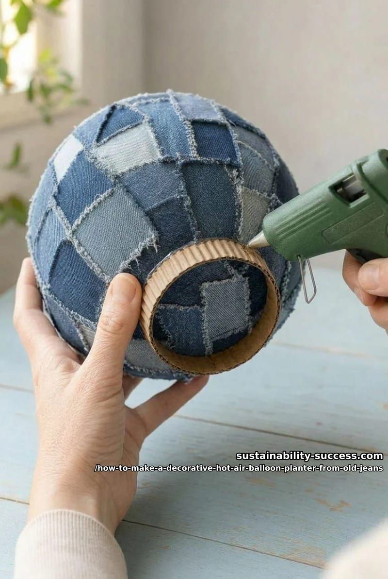 How to Make a Decorative Hot Air Balloon Planter from Old Jeans 9 step 4: add the corrugated collar to the balloon 1