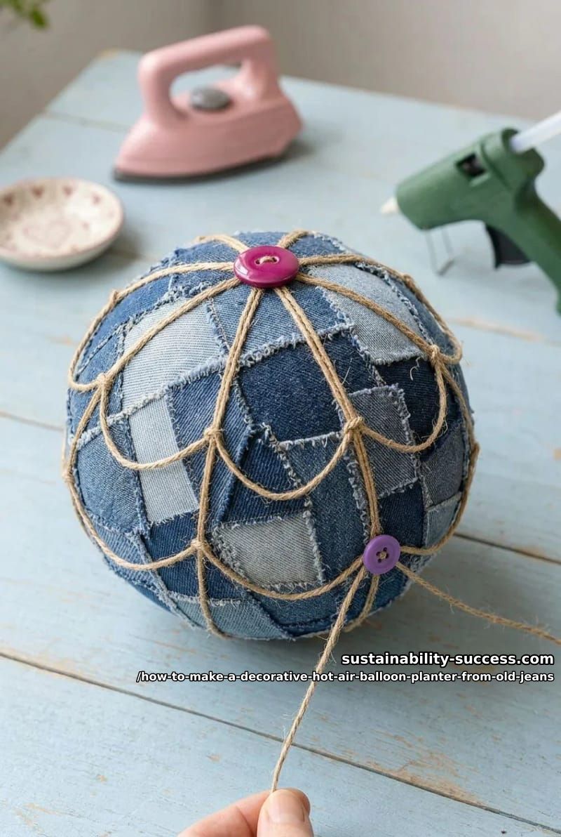 How to Make a Decorative Hot Air Balloon Planter from Old Jeans 10 step 5: rig the twine net and buttons 1