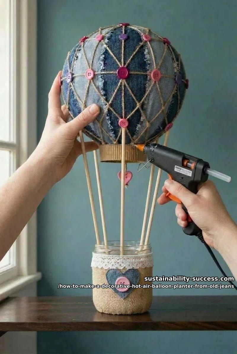 How to Make a Decorative Hot Air Balloon Planter from Old Jeans 11 step 6: join the balloon to the basket, then plant it 1