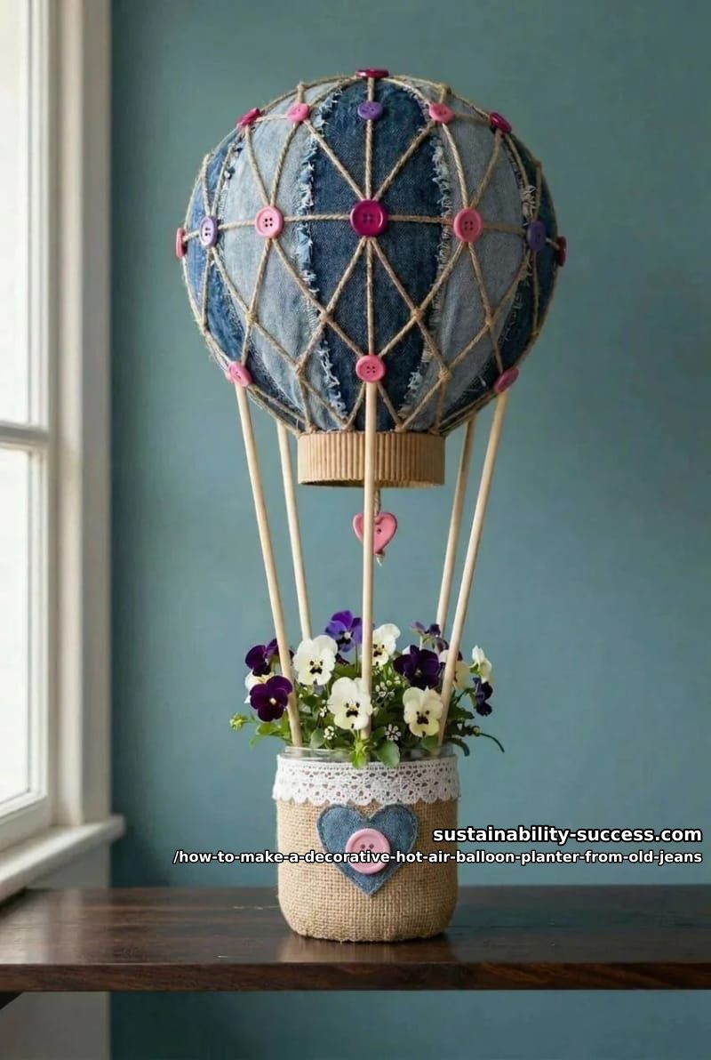 How to Make a Decorative Hot Air Balloon Planter from Old Jeans 12 step 6: join the balloon to the basket, then plant it 11