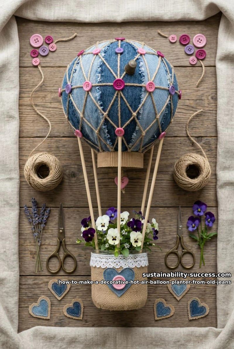 How to Make a Decorative Hot Air Balloon Planter from Old Jeans 13 step 6: join the balloon to the basket, then plant it 12