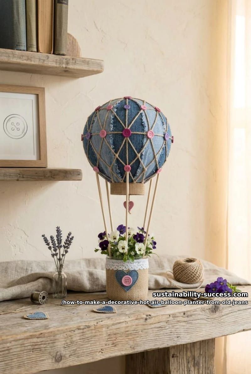 How to Make a Decorative Hot Air Balloon Planter from Old Jeans 14 step 6: join the balloon to the basket, then plant it 13