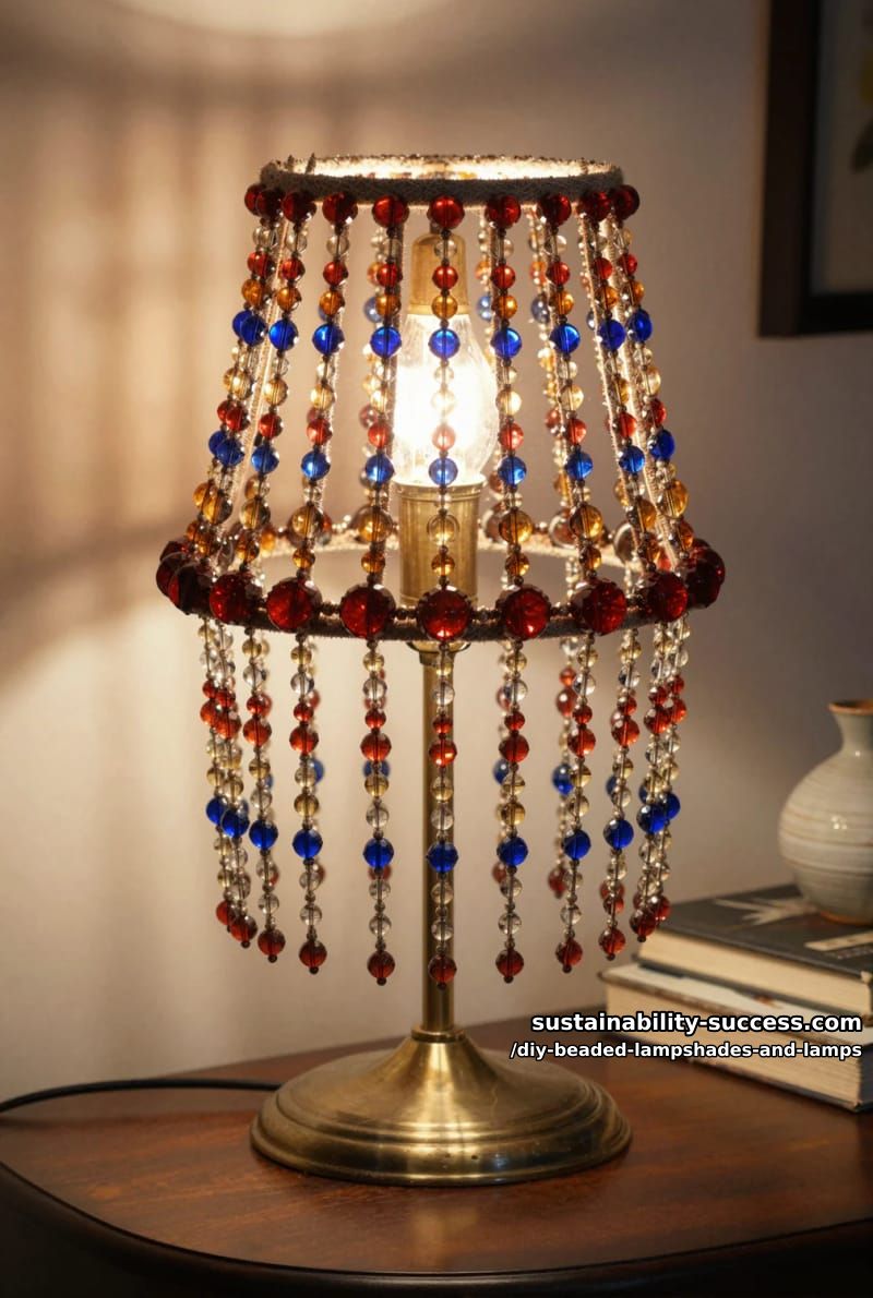 10 DIY Beaded Lampshade and Lamp Ideas for a Warm, Jeweled Glow 3 strip an old shade to its wire ribs and restring it in glass 1