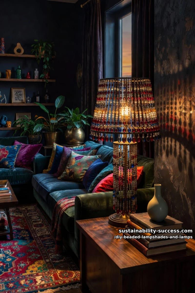 10 DIY Beaded Lampshade and Lamp Ideas for a Warm, Jeweled Glow 4 strip an old shade to its wire ribs and restring it in glass 1