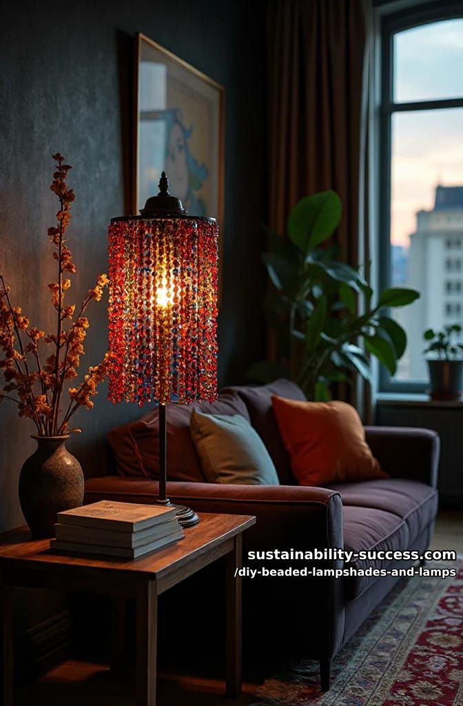 10 DIY Beaded Lampshade and Lamp Ideas for a Warm, Jeweled Glow 5 strip an old shade to its wire ribs and restring it in glass 1