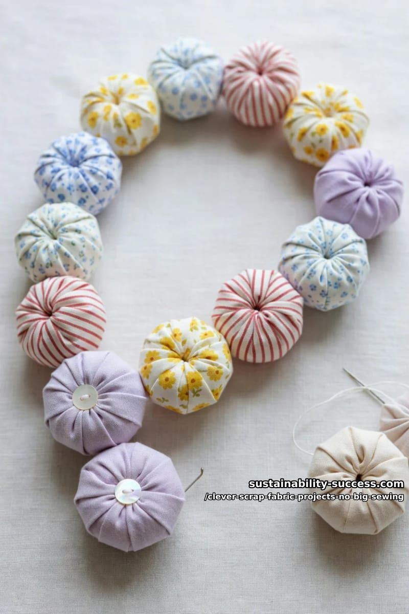 12 Clever Scrap Fabric Projects With Almost No Sewing 19 suffolk puff garland and brooches 1