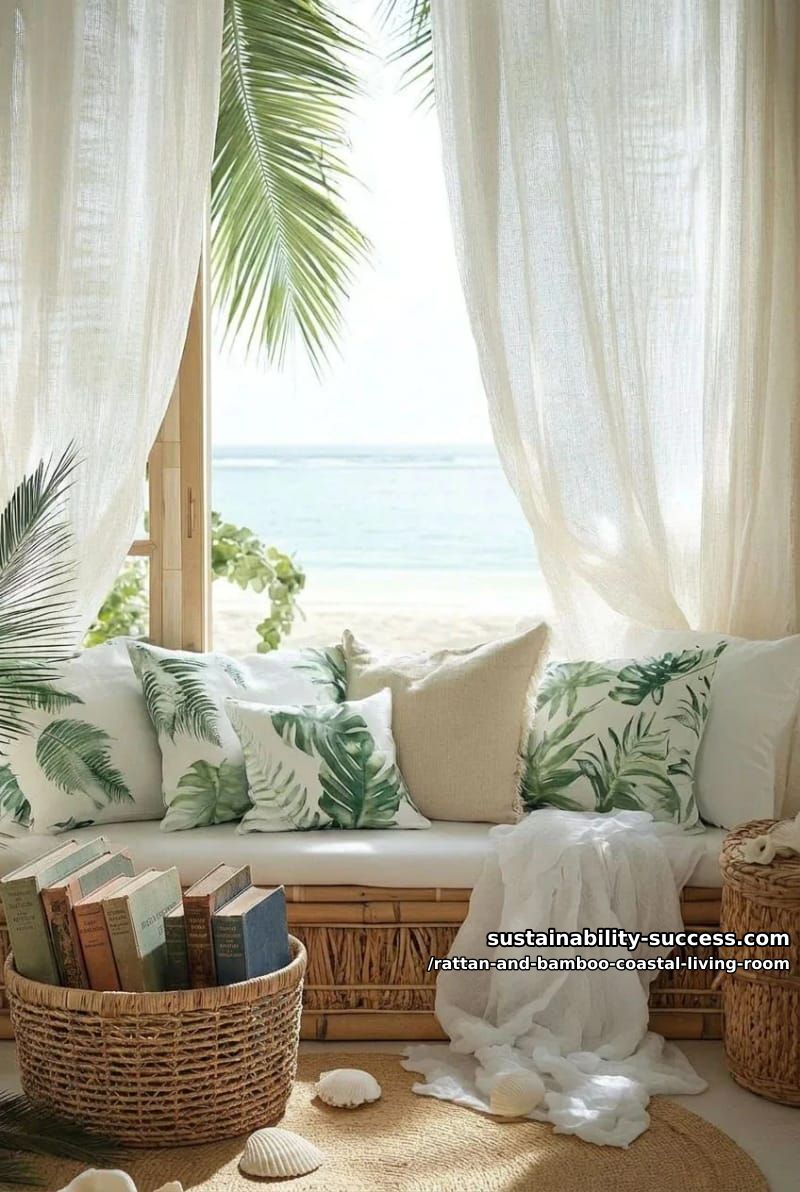 sun-drenched window seat wrapped in rattan, overflowing with botanical pillows 1