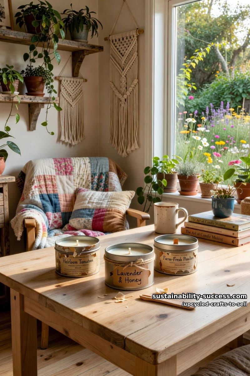 12 Upcycled Crafts to Sell That Hold Their Margin at Markets and on Etsy 4 tin can candles in scrubbed food cans 1