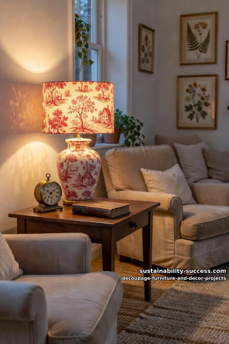 12 Decoupage Projects That Transform Tired Furniture and Decor 12 toile lampshade that prints the wall 1