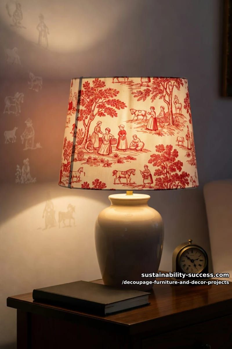 12 Decoupage Projects That Transform Tired Furniture and Decor 11 toile lampshade that prints the wall 1