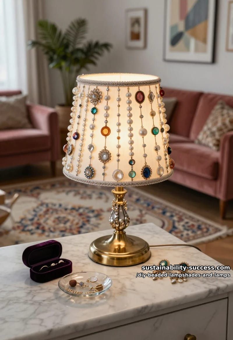 10 DIY Beaded Lampshade and Lamp Ideas for a Warm, Jeweled Glow 7 turn a dead jewelry box into a one-of-a-kind beaded shade 1