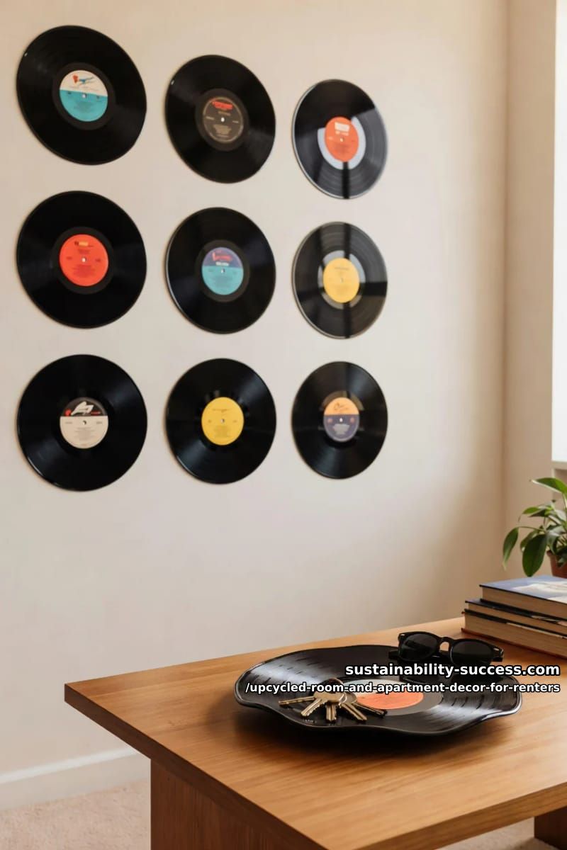 Upcycled Room and Apartment Decor for Renters 5 turn dollar-bin vinyl records into a wall grid and a bowl 1