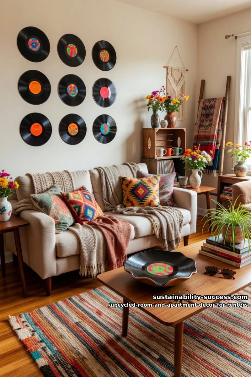 Upcycled Room and Apartment Decor for Renters 6 turn dollar-bin vinyl records into a wall grid and a bowl 1