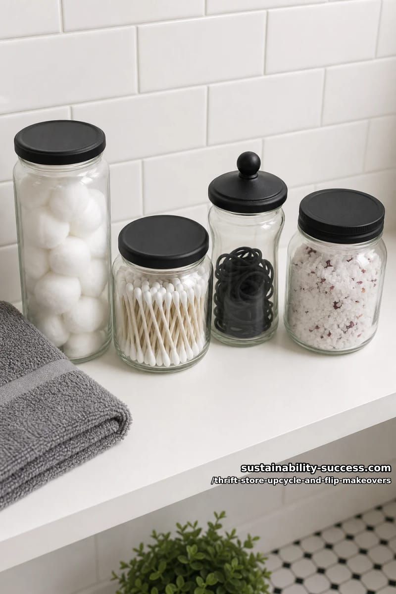 12 Thrift Store Upcycle and Flip Makeovers That Actually Hold Up 30 unify mismatched thrifted jars into a bathroom canister set 1