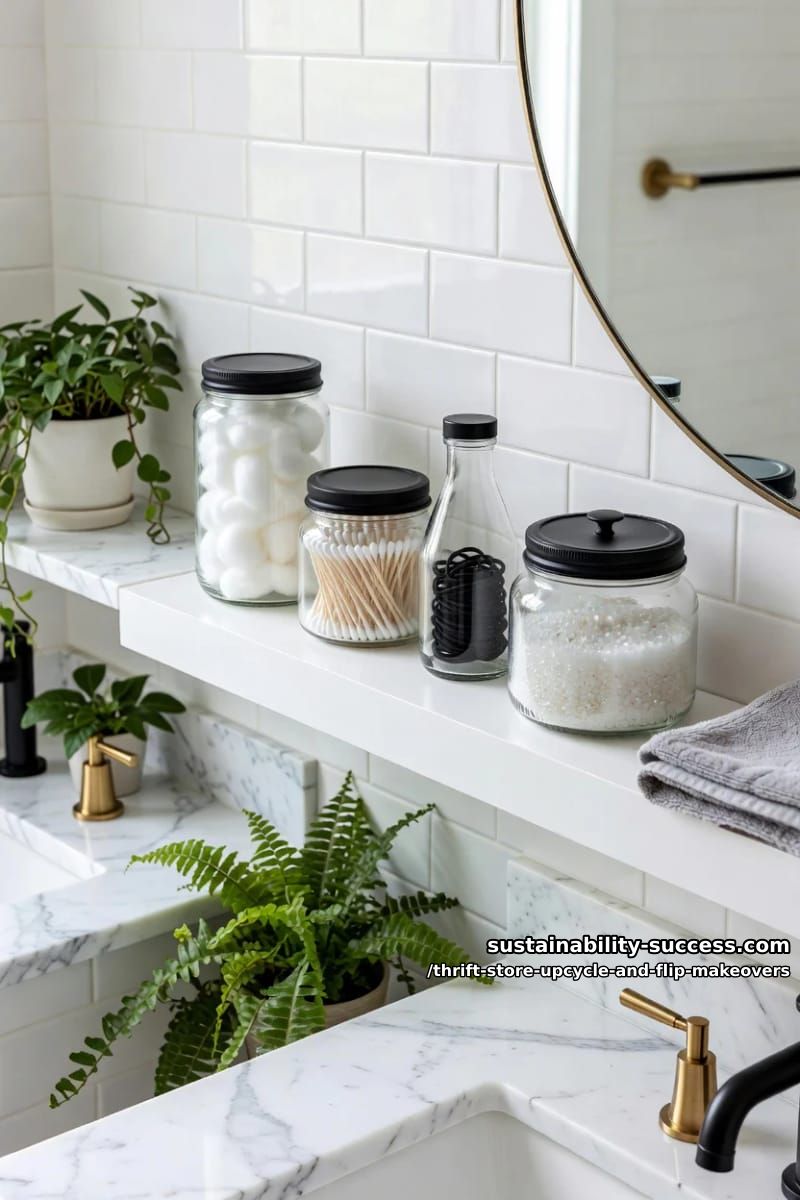 12 Thrift Store Upcycle and Flip Makeovers That Actually Hold Up 31 unify mismatched thrifted jars into a bathroom canister set 1