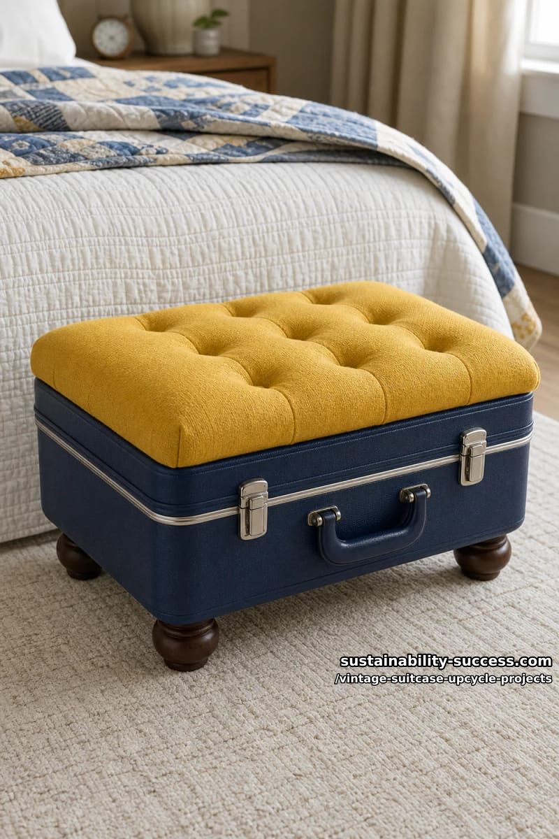 Vintage Suitcase Upcycle Projects: 12 Furniture Conversions for Thrifted Luggage 23 upholstered suitcase storage ottoman 1