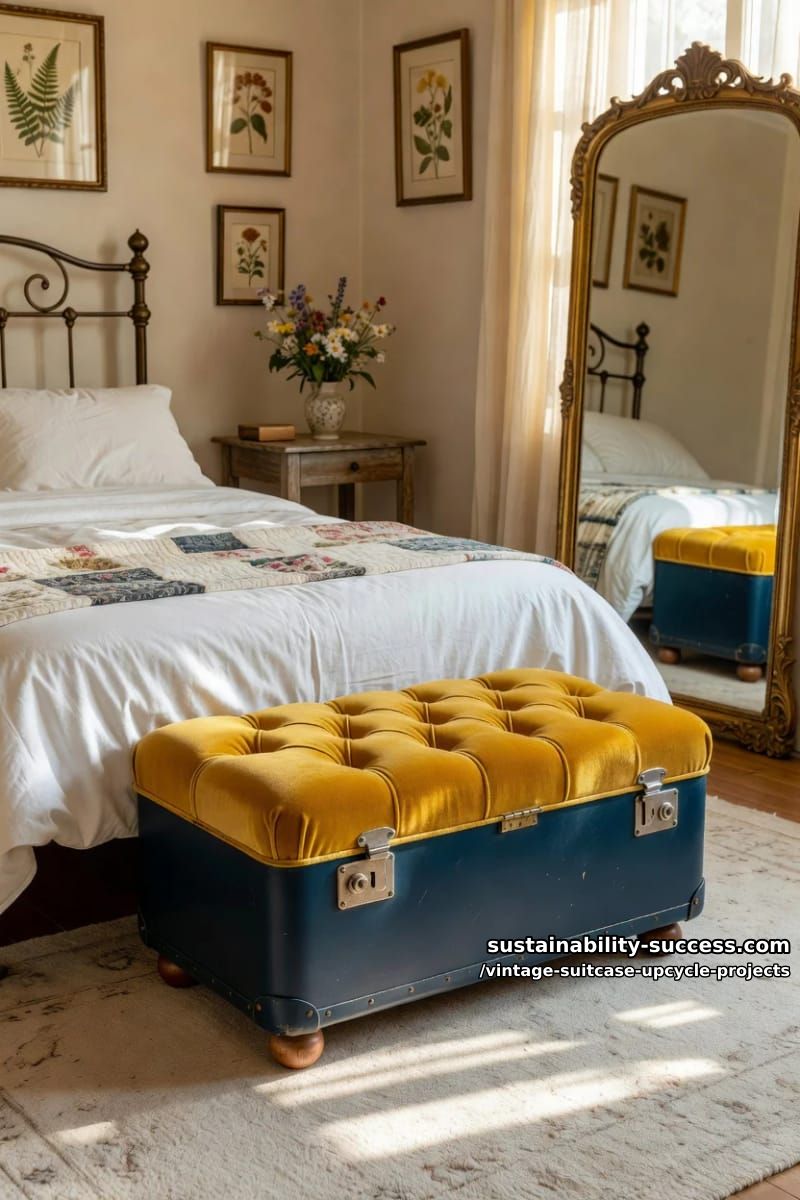 Vintage Suitcase Upcycle Projects: 12 Furniture Conversions for Thrifted Luggage 24 upholstered suitcase storage ottoman 1