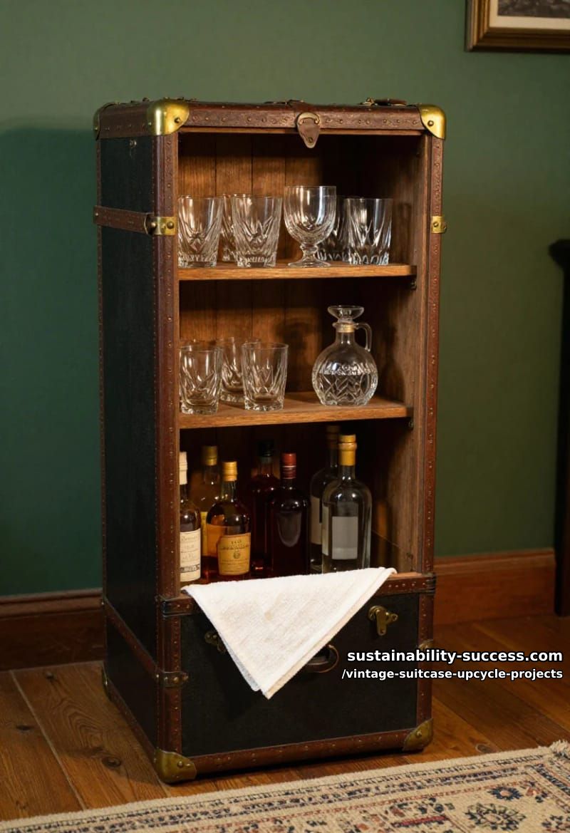 Vintage Suitcase Upcycle Projects: 12 Furniture Conversions for Thrifted Luggage 6 upright steamer trunk drinks cabinet 1